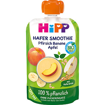 Vrećica dječje hrane od 120 ml marke Hipp, označena kao organska, sadrži smoothie od jabuke, banane i zobi.
