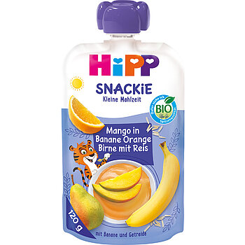 Bijelo-plava vrećica za grickalice s crtanim tigrom, kruškom, bananom i kriškom naranče sadrži smoothie s tekstom "Mango u banani, naranči, krušci" i "120 g".