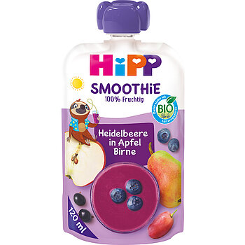 Hipp vrećica smoothieja od 120 ml sa slamkom, s mješavinom jabuke, breze, borovnice i grožđa, te likom iz crtanog ljenjivca.
