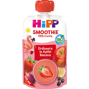 Ružičasta vrećica smoothieja od 120 ml, prikladna za djecu, s kriškom jagode, kriškom banane, cijelom jabukom, jagodom, šljivom i kupinom, te crtanim flamingom.