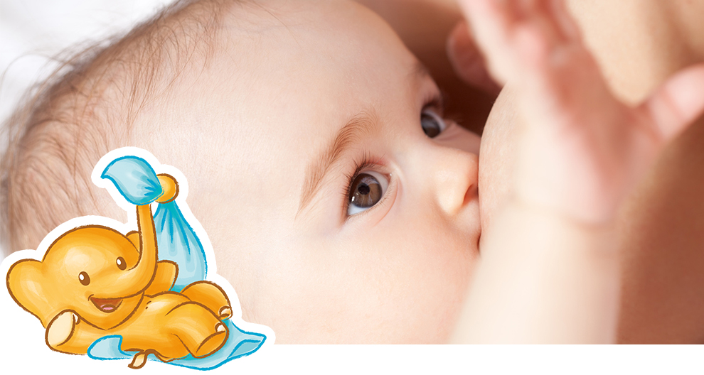 A close-up of a baby's face, with a cartoon elephant holding a blue cloth to the right.