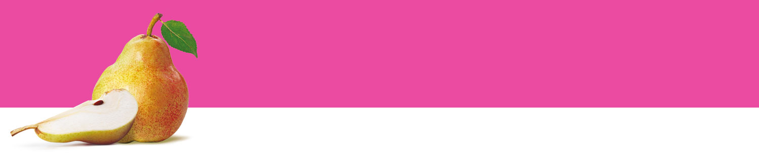 A pear with a slice cut out is presented against a pink background.