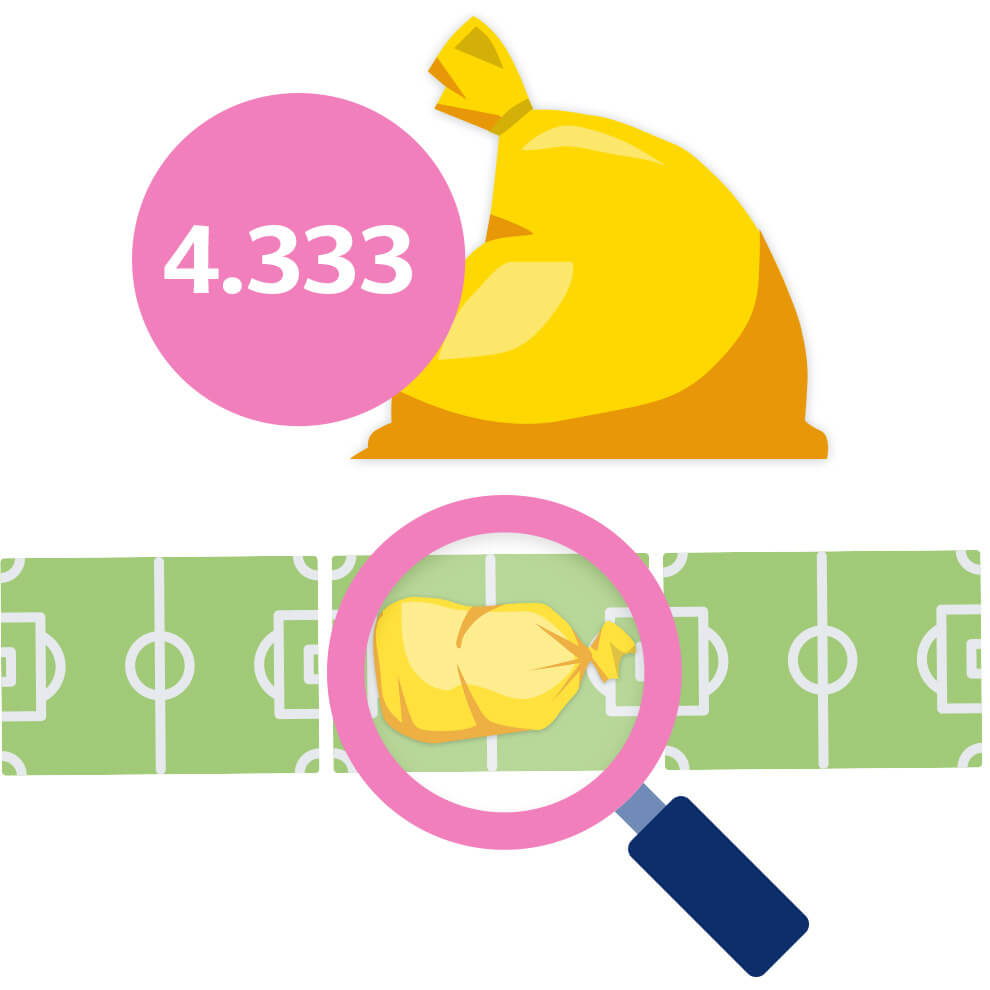 A magnifying glass zooms in on a yellow sack with a number 4.333, placed on a green field with white markings.