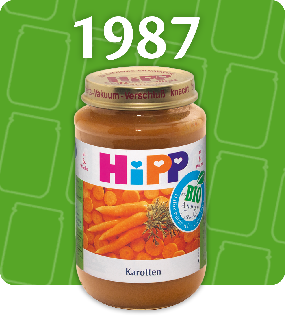 A 1987 jar of Hipp baby food with a carrot image and a bio label.