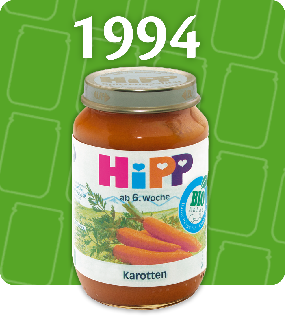 A 1994 Hipp baby food jar with carrots.