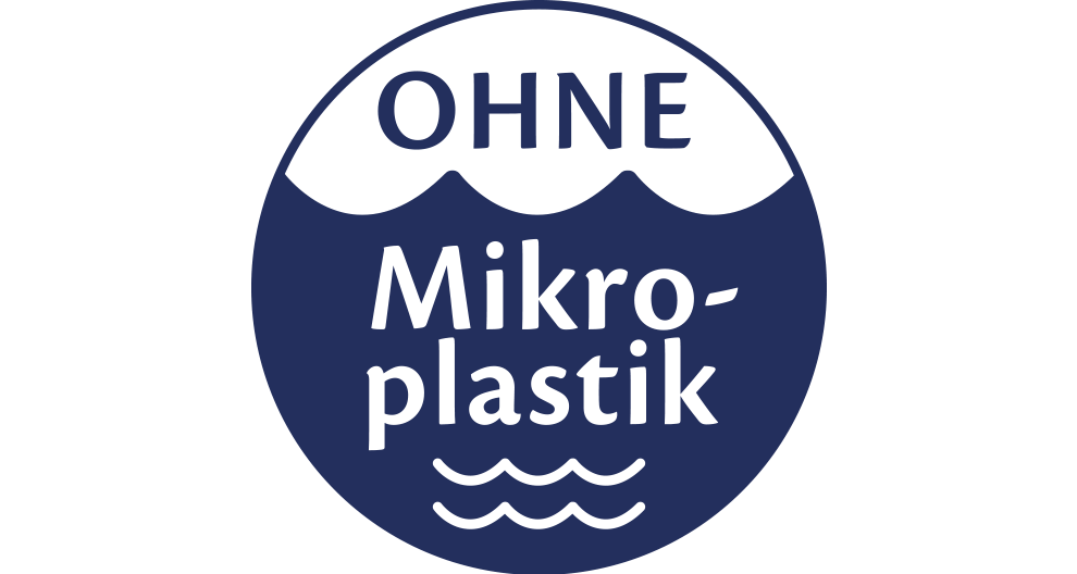 A blue and white circular label with the words "OHNE Mikro-plastik" written on it.