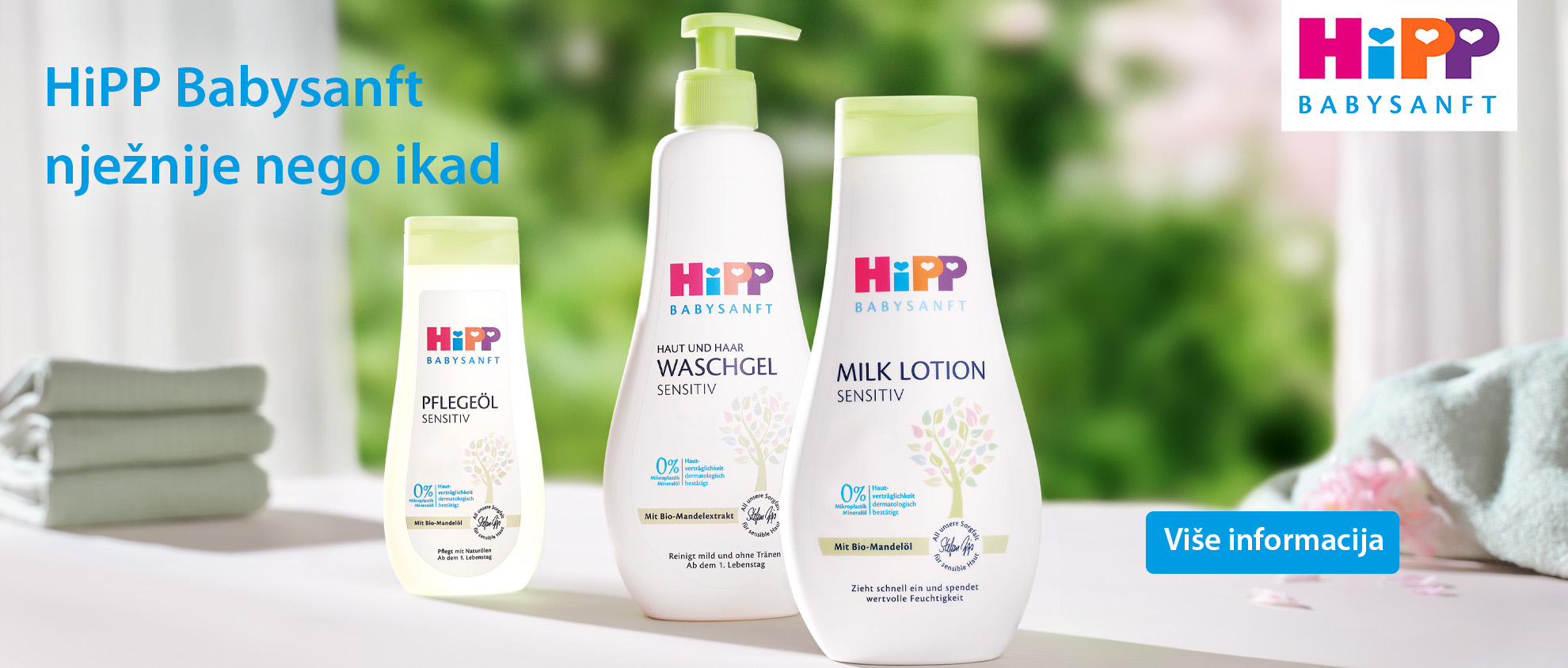 Izložena su tri proizvoda za njegu beba marke 'HiPP', s etiketama na njemačkom jeziku, koje naglašavaju osjetljivost.