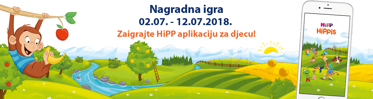 Majmun visi s grane drveta, mobitel prikazuje šarenu aplikaciju, a prikazan je i slikovit krajolik s rijekom, brdima i drvećem.