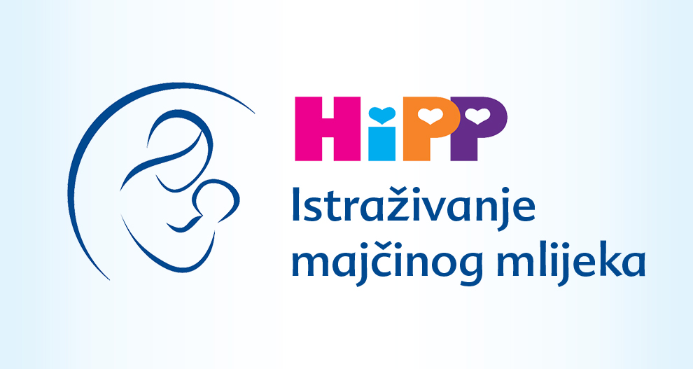 Stilizirani prikaz majke i djeteta u zagrljaju, popraćen tekstom "HIpp" i "Istraživanje majčinog mlijeka", što ukazuje na fokus na edukaciju ili promicanje dojenja.