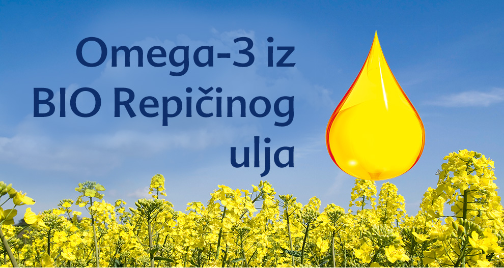 Kapljica ulja lebdi iznad polja žutog cvijeća pod plavim nebom s tekstom "Omega-3 iz BIO Repičinog ulja" iznad.
