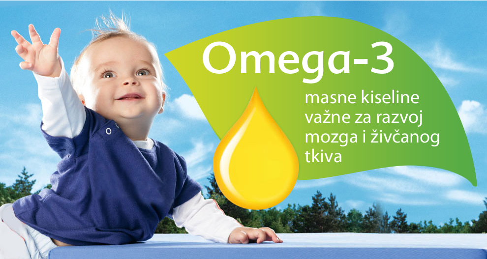 Beba pruža ruke na pozadini plavog neba s oblacima, dok je istaknuta velika grafika kapljice omega-3 ulja.