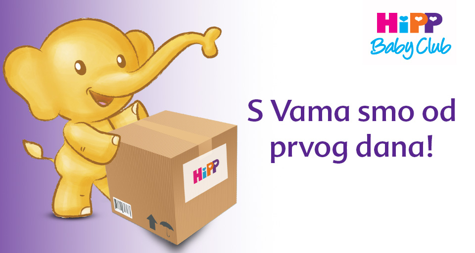 Žuti slon stoji pored kartonske kutije s logotipom "HiPP".