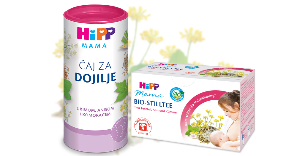 Cilindrična posuda i pravokutna kutija s naljepnicama na stranom jeziku, s prikazom žene i bebe, te raznim simbolima i tekstom koji ukazuju na to da su proizvodi povezani s majčinstvom i moguće njegom beba.