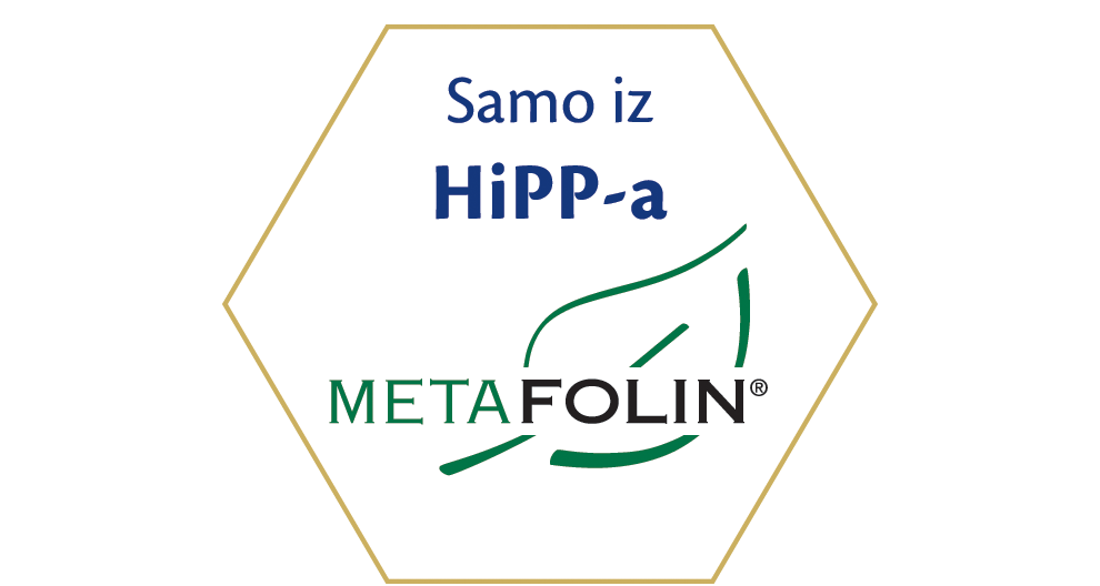 Tekst i grafika s natpisima "Samo iz HiPP-a" i "METAFOLIN®" sa stiliziranim dizajnom lista.