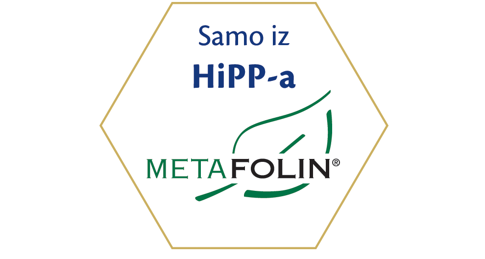 Tekst i grafika s natpisima "Samo iz HiPP-a" i "METAFOLIN®" sa stiliziranim dizajnom lista.