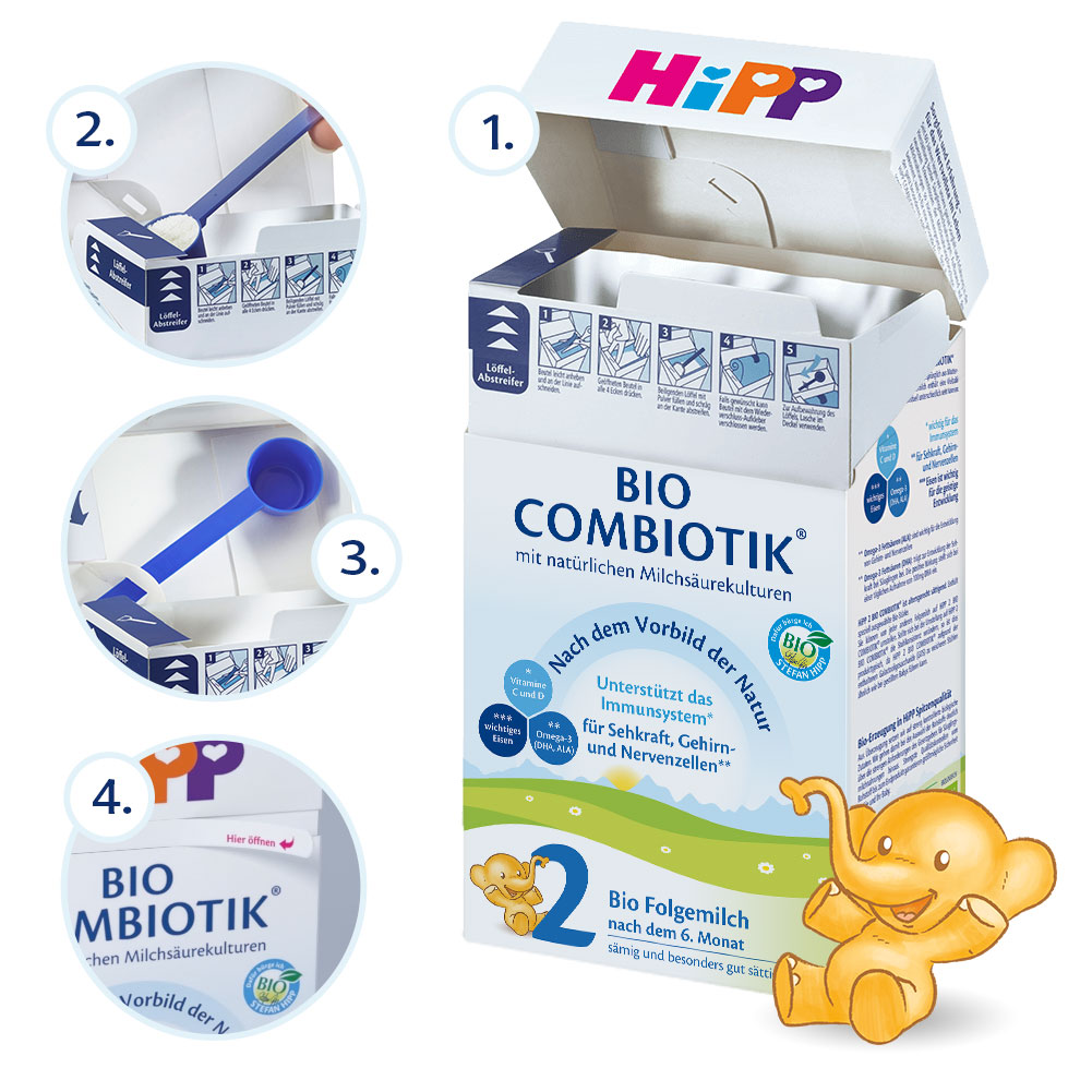 Kutija Hipp dječje hrane s plavom mjericom, popraćena nizom od četiri koraka koji pokazuju kako koristiti mjericu.
