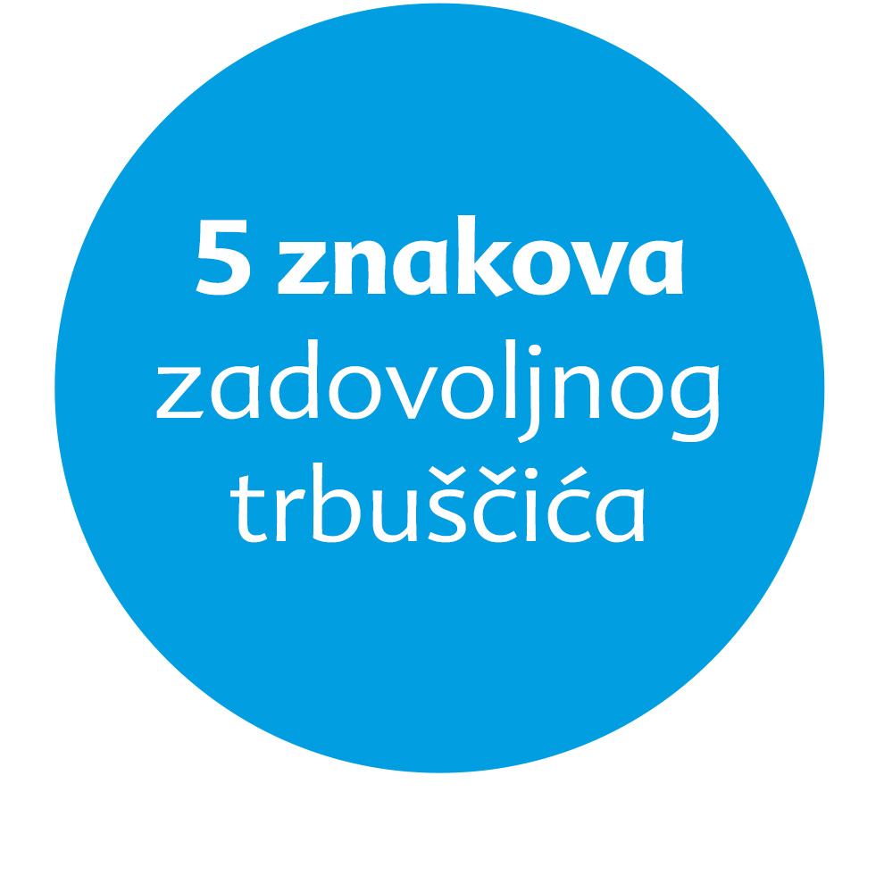 Plavi krug s bijelim tekstom na kojem na hrvatskom piše "5 znakova zadovoljstva trbuščica".