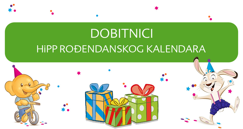 Kalendar s temom rođendana s motivima zeca, slona i poklon kutija.