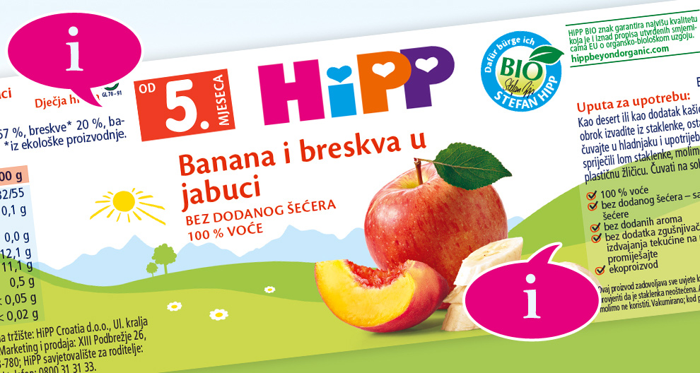 Etiketa proizvoda za prehrambeni proizvod, s naglaskom na nutritivne informacije, sastojke i brendiranje.