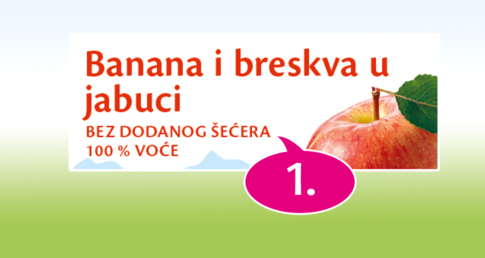 Promotivni banner za proizvod koji sadrži bananu, jabuku i med, s tvrdnjom da je sastojak 100% prirodan, popraćen vizualnim prikazom crvene jabuke.