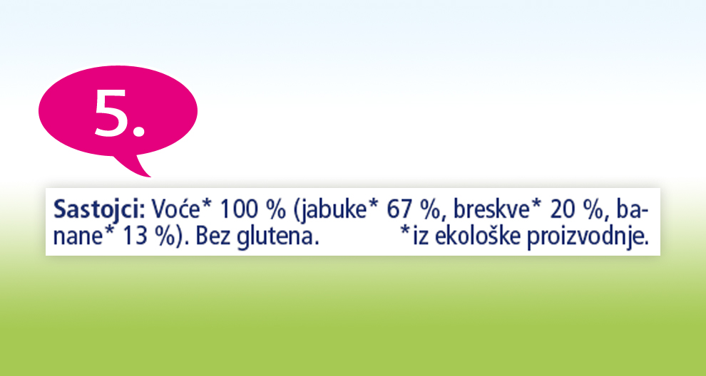 Nutritivna oznaka s postocima različitih sastojaka hrane, te naznakom da proizvod ne sadrži gluten.