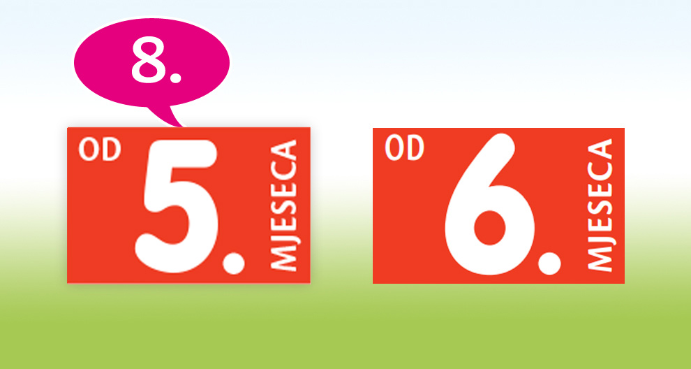 Dva crvena kvadratna znaka s bijelim brojevima i tekstom, jedan prikazuje broj 5, a drugi 6, te treći znak prikazuje broj 8 u ljubičastom govornom balonu.