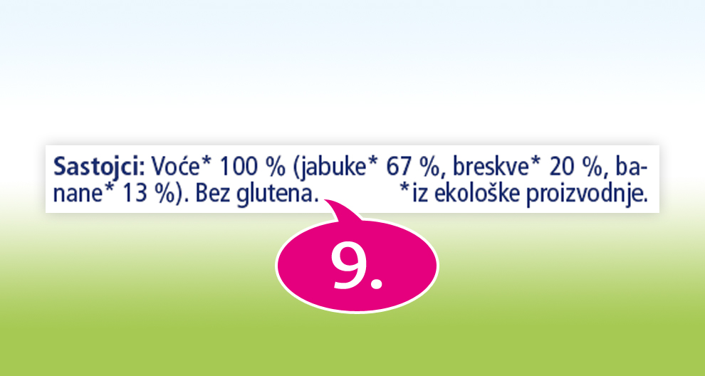 Krupni plan tekstualnog oblačića s brojem 9 unutra, postavljenog preko dijela etikete prehrambenog proizvoda koji sadrži informacije o sastavu proizvoda.