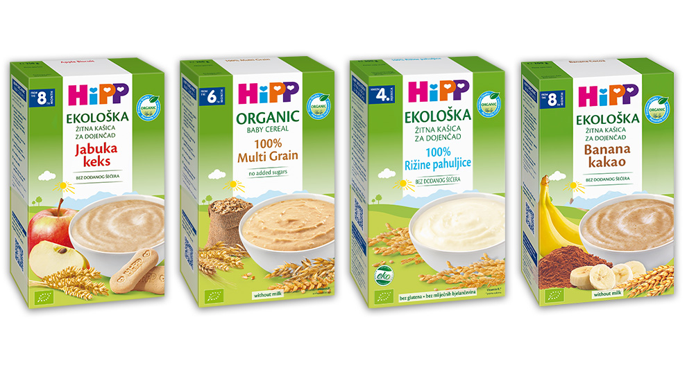 Izložene su četiri kutije dječjih žitarica, svaka s drugačijim okusom i nutritivnim informacijama.
