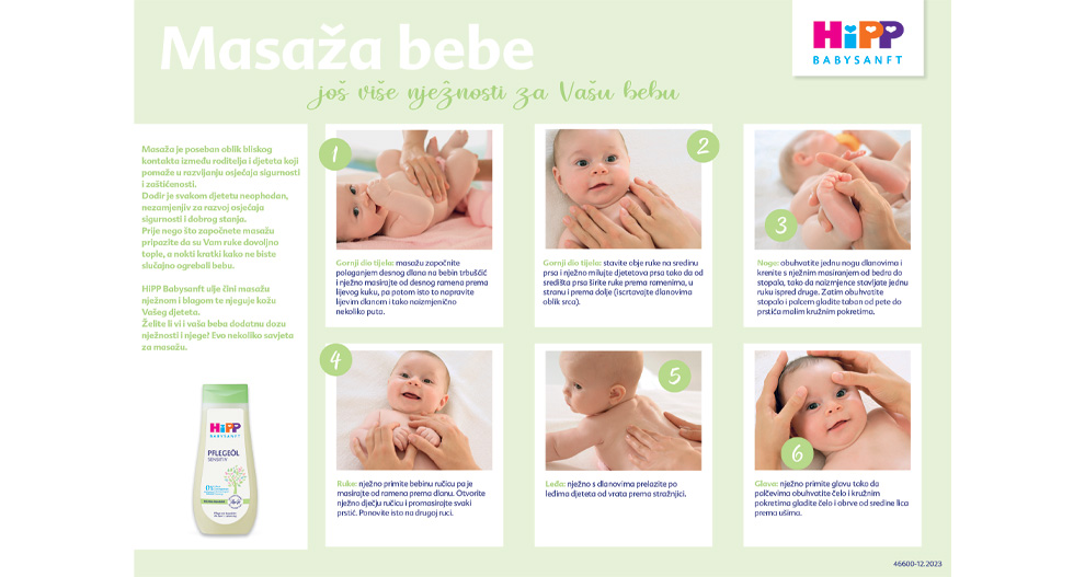 Detaljan vodič o masaži bebe, uz bočicu dječjeg ulja.