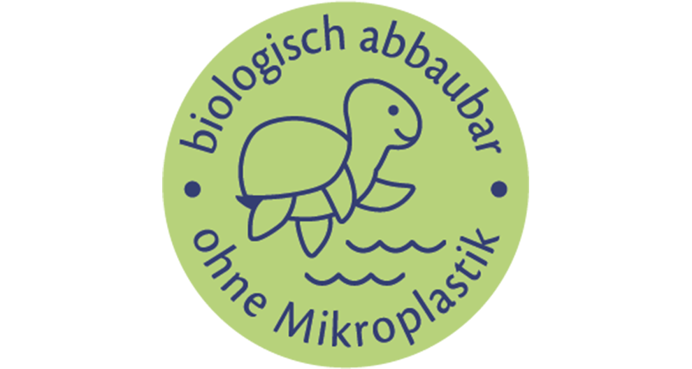 Okrugla zelena etiketa s kornjačom i njemačkim tekstom "biologisch abbaubar ohne Mikroplastik" označava proizvod koji je biorazgradiv i ne sadrži mikroplastiku.