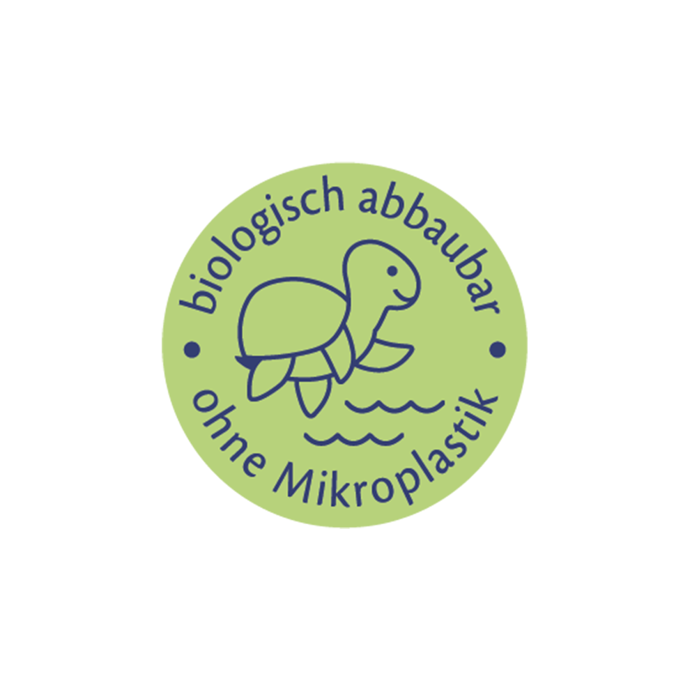 Okrugla zelena naljepnica s kornjačom koja pliva i riječima "biologisch abbaubar" i "ohne Mikroplastik" ispisanim oko nje.