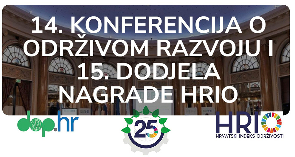 Tekst na stranom jeziku, logotipi i broj koji označava konferenciju ili događaj vezan uz održivost ili ciljeve zaštite okoliša.