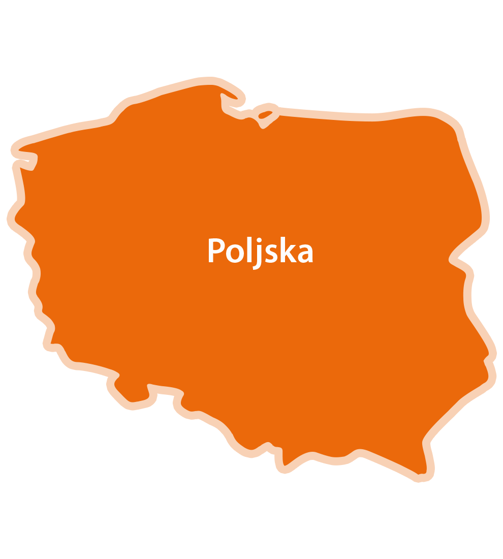 Pojednostavljena karta Poljske s riječju "Poljska" napisanom u sredini.