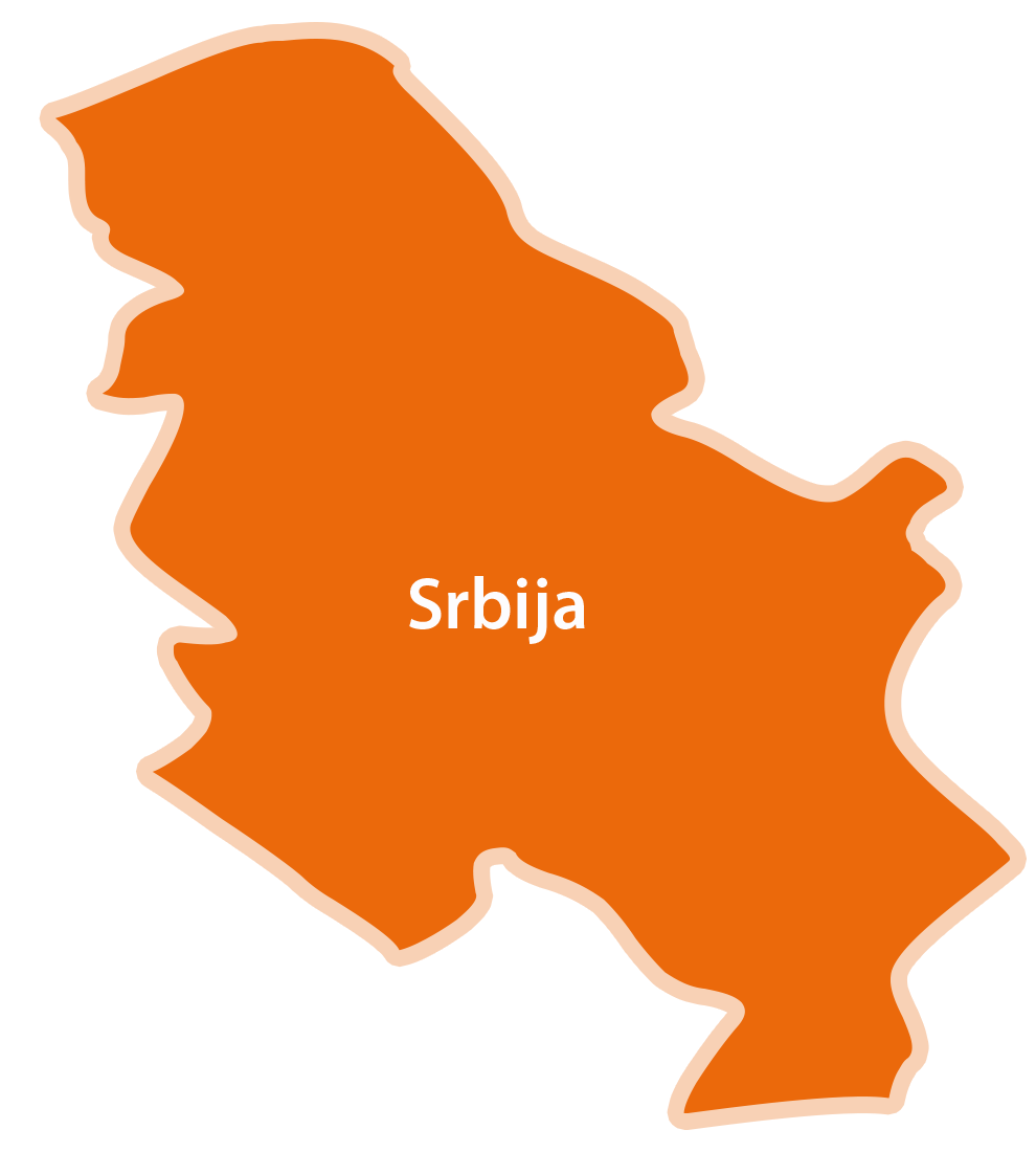 Jednostavna karta Srbije s označenim glavnim gradom Beogradom i drugim najvećim gradom Novim Sadom.