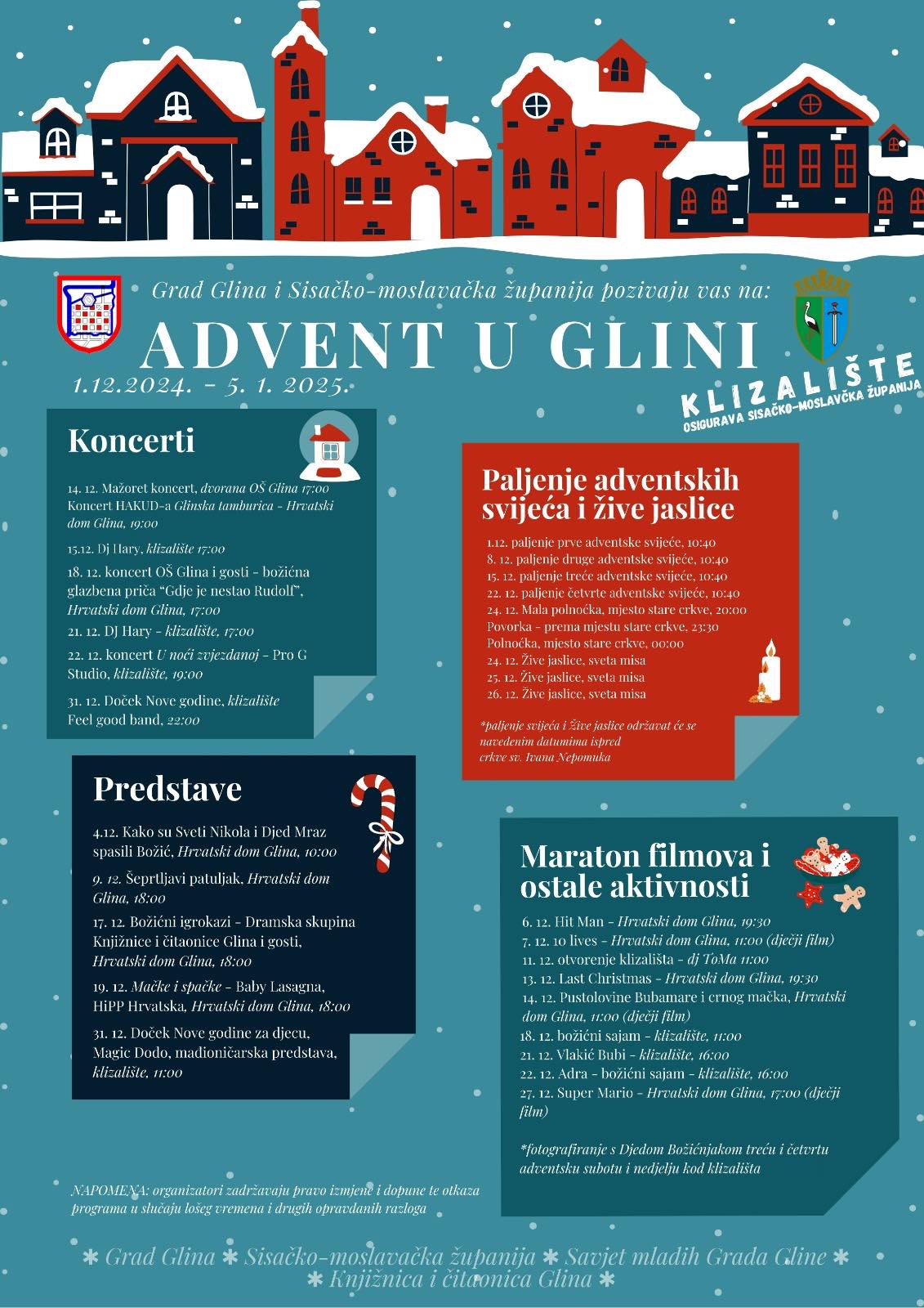Promotivni plakat za adventsko vrijeme u Gliniji u Poljskoj od 2024. do 2025. godine, s rasporedom događanja, uključujući koncerte, dječje aktivnosti, filmske maratone i crkvene službe.