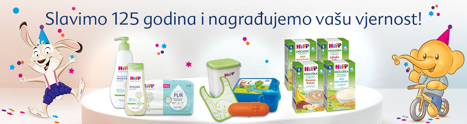 Promotivni banner s motivom zeca i slona, okružen proizvodima za bebe, s tekstom na stranom jeziku.