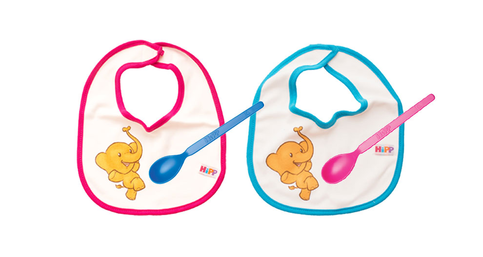 Dva podbradnika sa žlicama, jedan plavi i jedan ružičasti, svaki s crtežom slona.