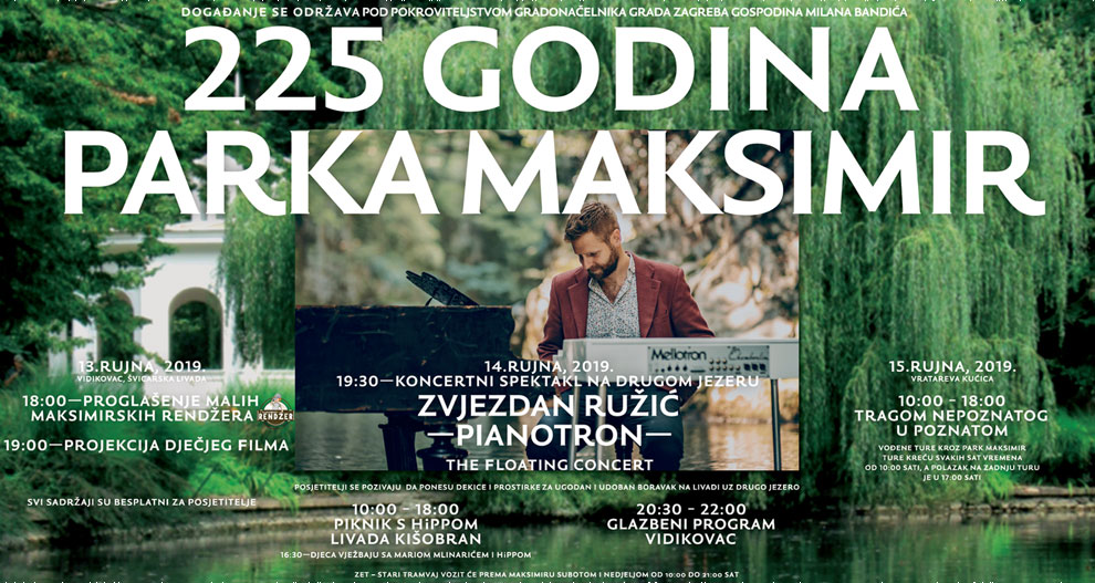 Promotivni plakat za događaj u Parku Maksimir, s prikazom muškarca koji svira klavir, s detaljima o koncertima, vremenima i lokacijama.