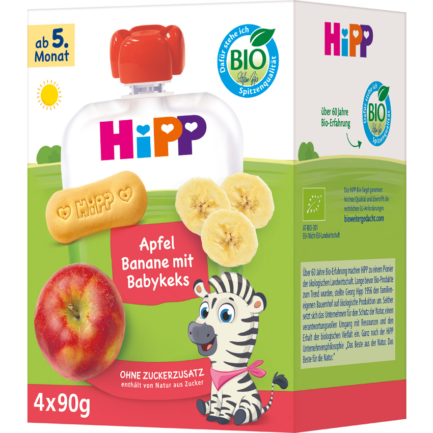 Ambalaža proizvoda za marku dječje hrane pod nazivom 'HiPP', s naglaskom na mješavinu jabuke i banane s dječjim keksima, a označena je kao organska (BIO).